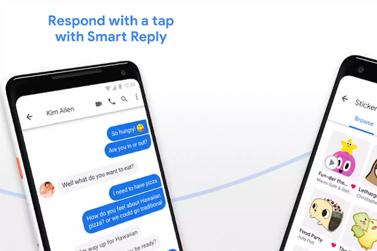 The image shows two smartphones with screens displaying a text message conversation and a selection of stickers, accompanied by the text The image shows two smartphones with screens displaying a text message conversation and a selection of stickers, accompanied by the text