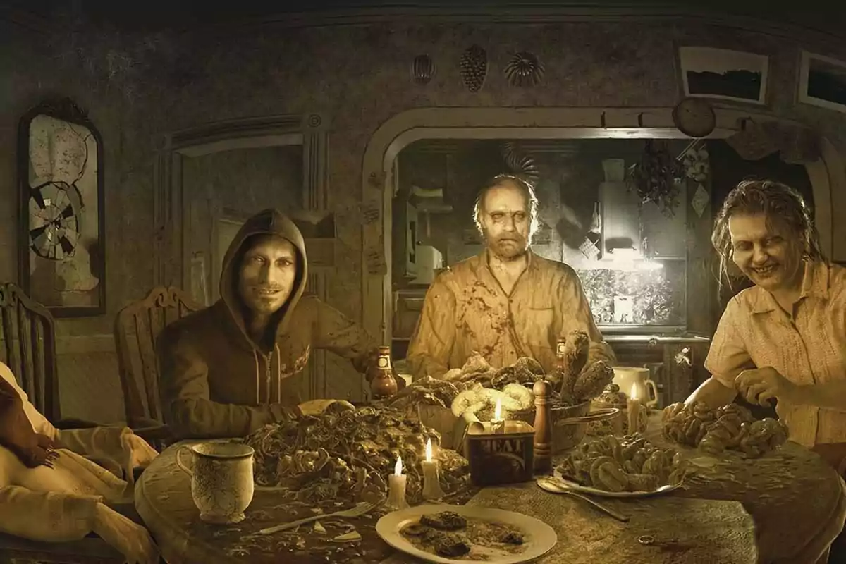 A sinister and disturbing-looking family is sitting around a table full of spoiled food in a dark, neglected room. A sinister and disturbing-looking family is sitting around a table full of spoiled food in a dark, neglected room.