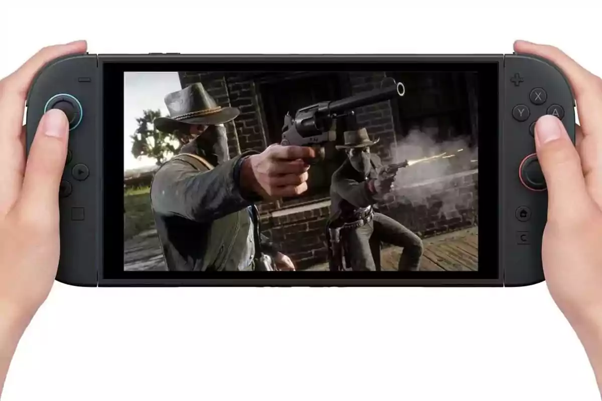 A handheld console with a cowboy video game on the screen. A handheld console with a cowboy video game on the screen.