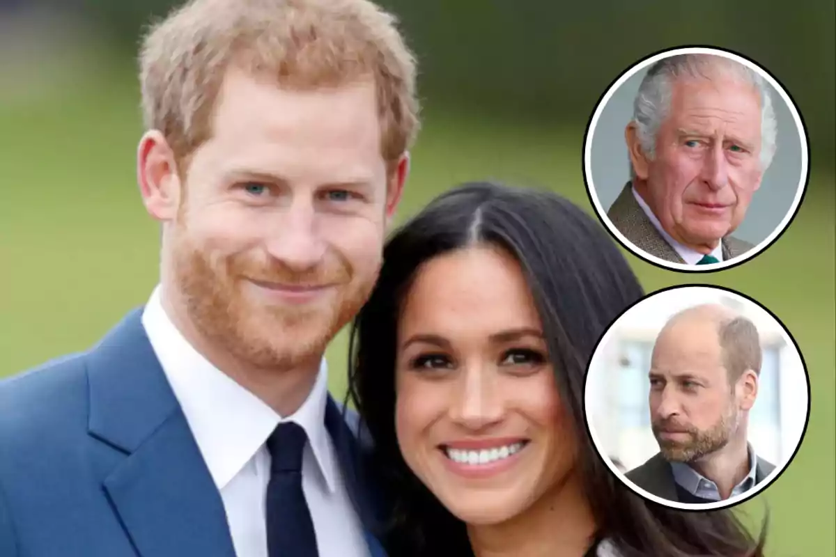 Una pareja sonriente en primer plano con dos retratos circulares de hombres mayores en la esquina superior derecha.