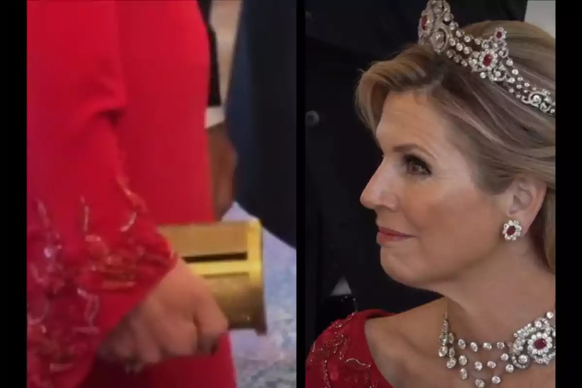 Woman in an embroidered red dress, gold purse, tiara, and jewelry with red stones and diamonds