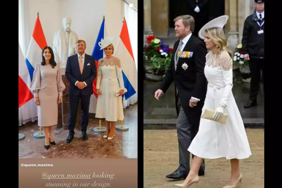 Three people pose in front of national flags and a sculpture, while in the adjacent image an elegantly dressed couple walks outdoors, both wearing formal attire and the woman is wearing a white dress with detailing at the neckline and a matching hat.