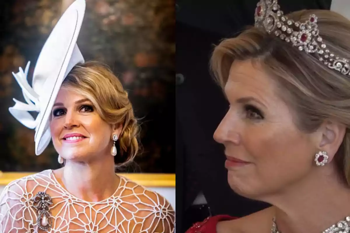 Mujer rubia elegantemente vestida aparece en dos ocasiones, en la primera lleva un sombrero blanco decorativo y en la segunda una tiara de diamantes con rubíes, ambas veces luce joyería llamativa y maquillaje sofisticado.