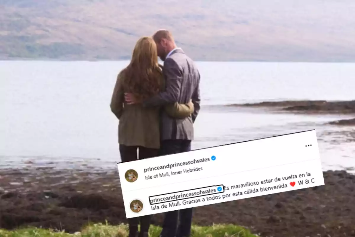 A couple embraces while gazing at a peaceful landscape by a lake, with a message of gratitude for the warm welcome on the Isle of Mull.