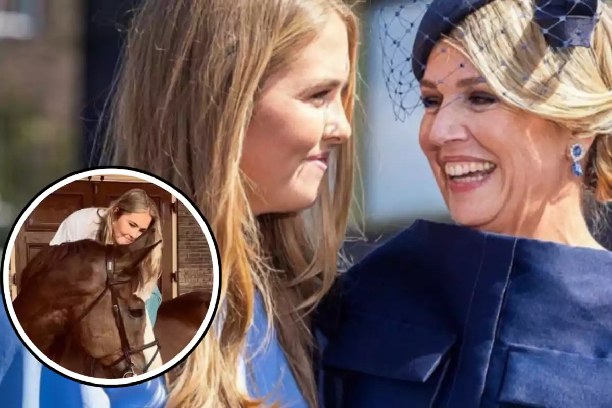 Dos mujeres sonríen mirándose de cerca, una de ellas lleva un tocado azul y ambas tienen el cabello rubio, en la esquina inferior izquierda hay un recuadro circular con una joven acariciando la cabeza de un caballo.
