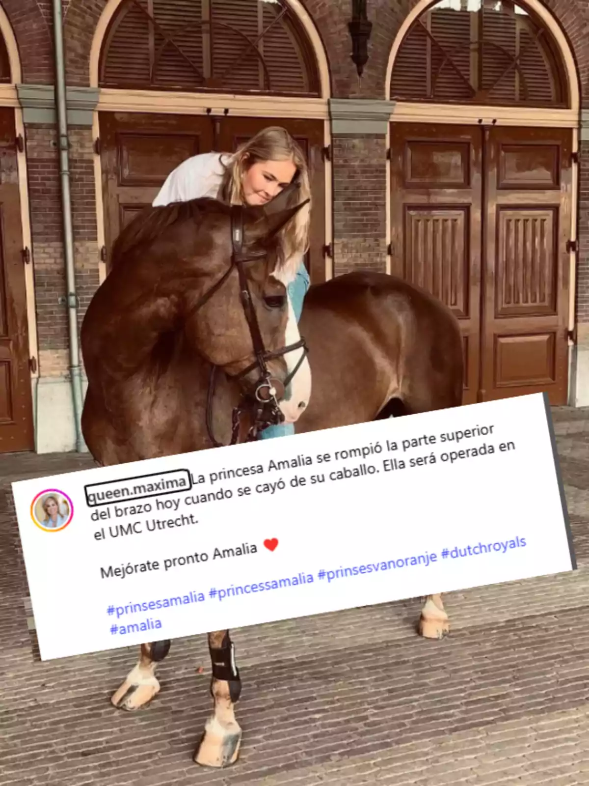 Una joven rubia acaricia a un caballo marrón frente a un edificio de puertas de madera y ventanas arqueadas, mientras en primer plano aparece un recuadro con un mensaje sobre una fractura en el brazo tras una caída del caballo. Una joven rubia acaricia a un caballo marrón frente a un edificio de puertas de madera y ventanas arqueadas, mientras en primer plano aparece un recuadro con un mensaje sobre una fractura en el brazo tras una caída del caballo.