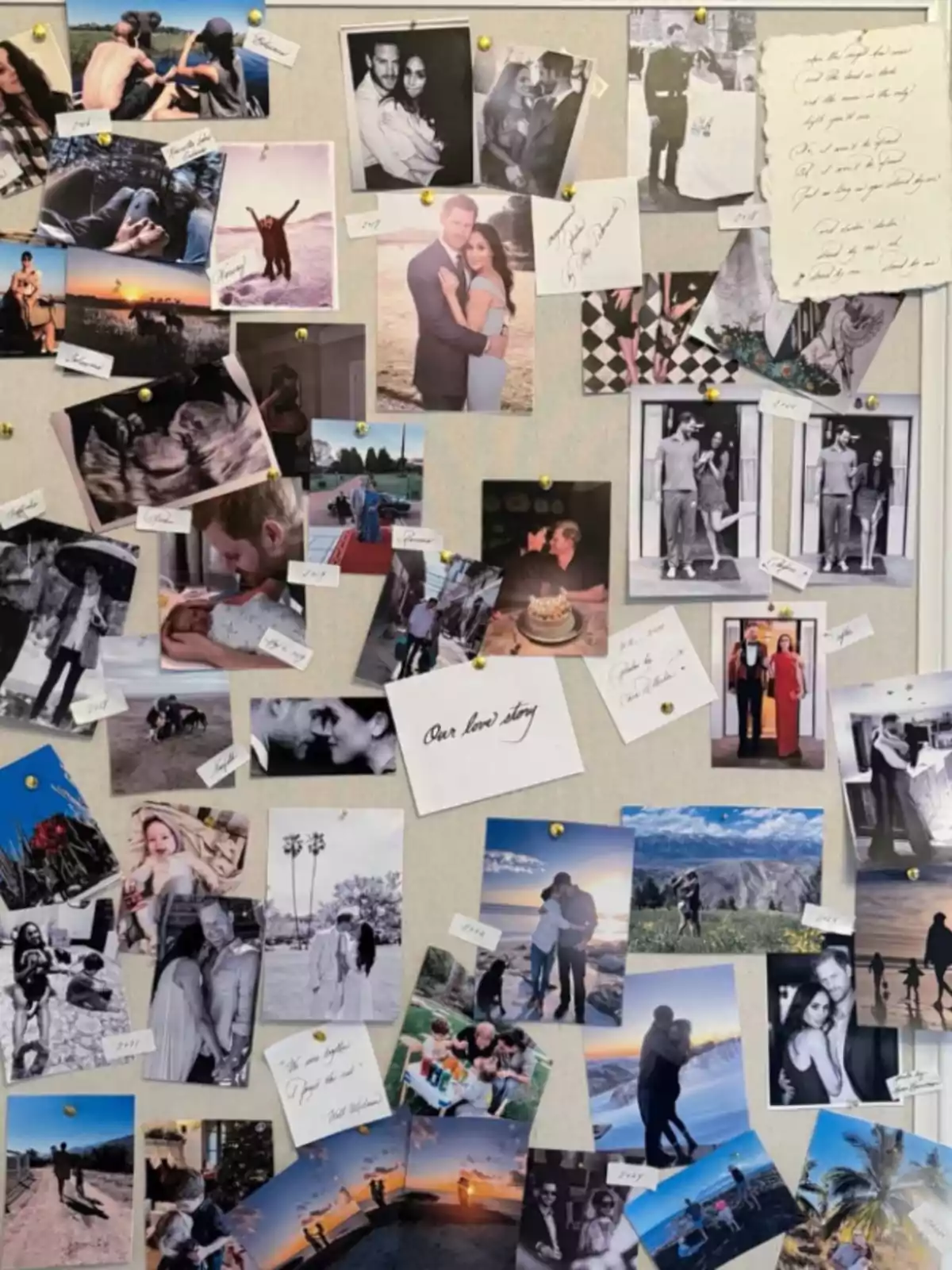 Un tablero de corcho con muchas fotos de una pareja en diferentes momentos de su vida juntos, incluyendo viajes, celebraciones, abrazos y momentos familiares, acompañado de notas manuscritas y recuerdos personales Un tablero de corcho con muchas fotos de una pareja en diferentes momentos de su vida juntos, incluyendo viajes, celebraciones, abrazos y momentos familiares, acompañado de notas manuscritas y recuerdos personales