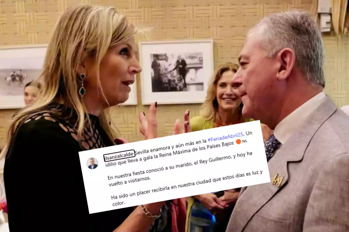 Una mujer y un hombre conversan en un evento social, con una mujer sonriendo al fondo y un texto superpuesto que menciona la Feria de Abril y la visita de la Reina Máxima de los Países Bajos. Una mujer y un hombre conversan en un evento social, con una mujer sonriendo al fondo y un texto superpuesto que menciona la Feria de Abril y la visita de la Reina Máxima de los Países Bajos.