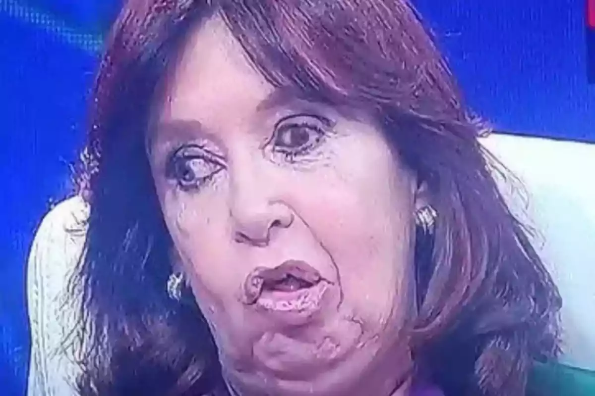 Person with a distorted facial expression and a blue background