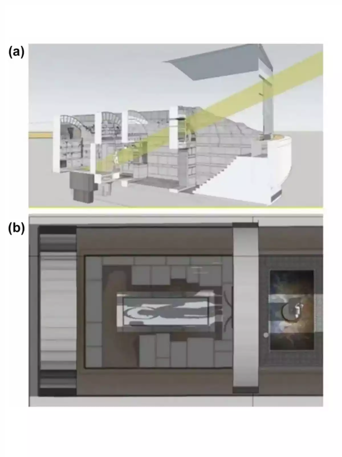 Illustrations of an architectural design showing a perspective cross-section and a top view of an interior space with structural and decorative elements. Illustrations of an architectural design showing a perspective cross-section and a top view of an interior space with structural and decorative elements.