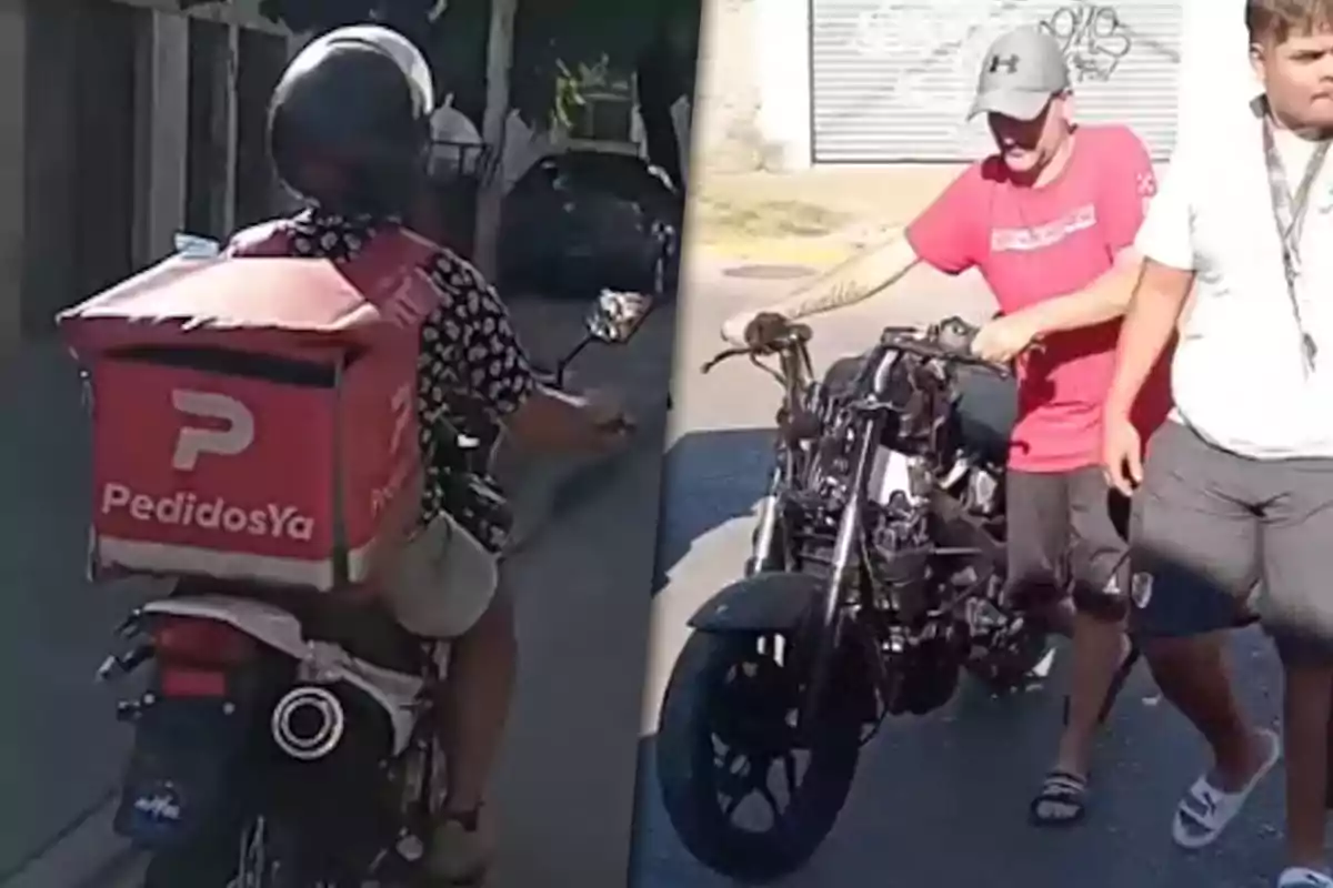 A person on a delivery motorcycle with a PedidosYa box and two people pushing an unfaired motorcycle on a street.