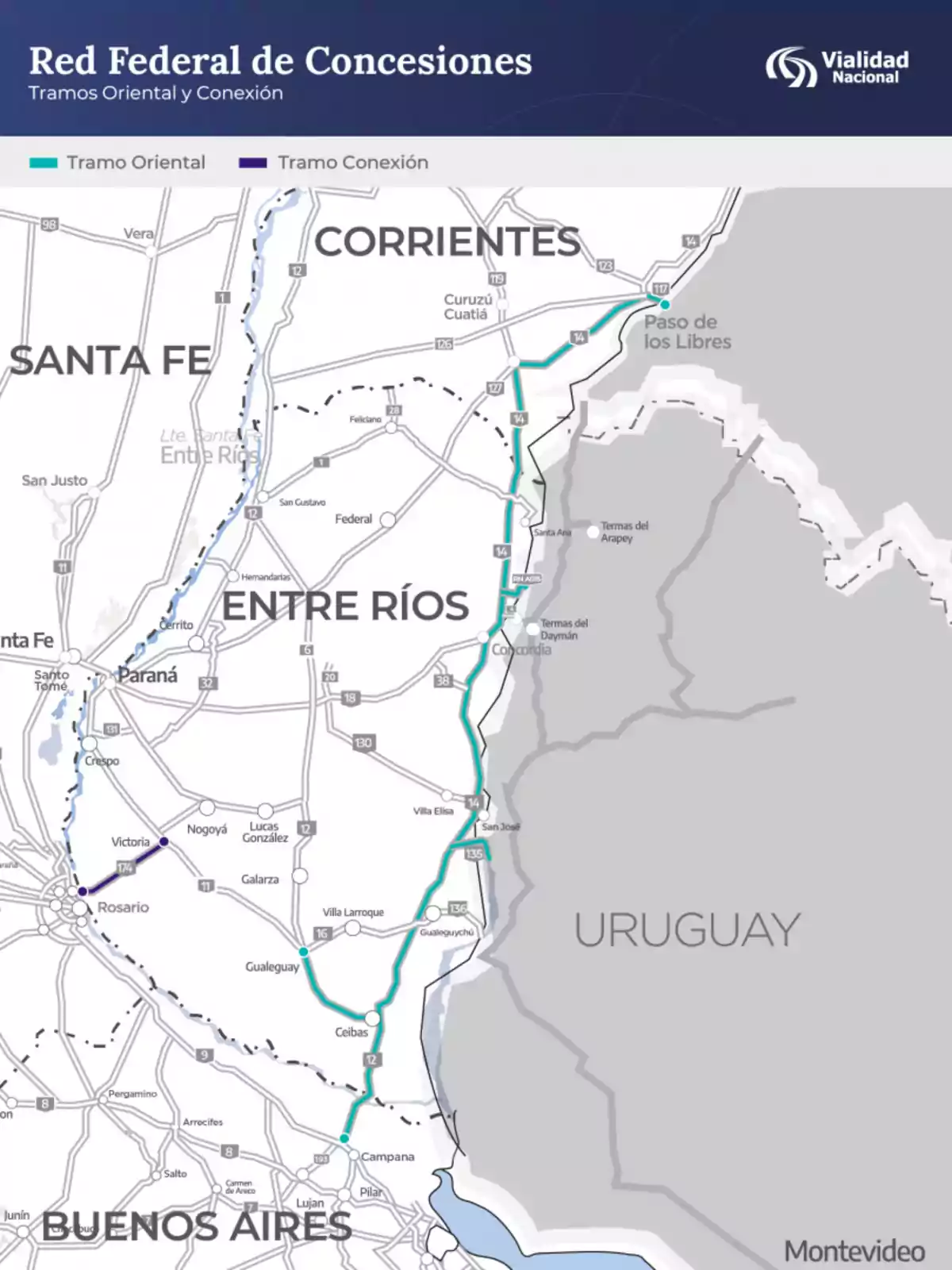 Mapa de la Red Federal de Concesiones en el noreste de Argentina, mostrando los tramos viales destacados en las provincias de Buenos Aires, Entre Ríos y Corrientes, con rutas principales señaladas en color celeste y violeta, y la ubicación de la frontera con Uruguay. Mapa de la Red Federal de Concesiones en el noreste de Argentina, mostrando los tramos viales destacados en las provincias de Buenos Aires, Entre Ríos y Corrientes, con rutas principales señaladas en color celeste y violeta, y la ubicación de la frontera con Uruguay.