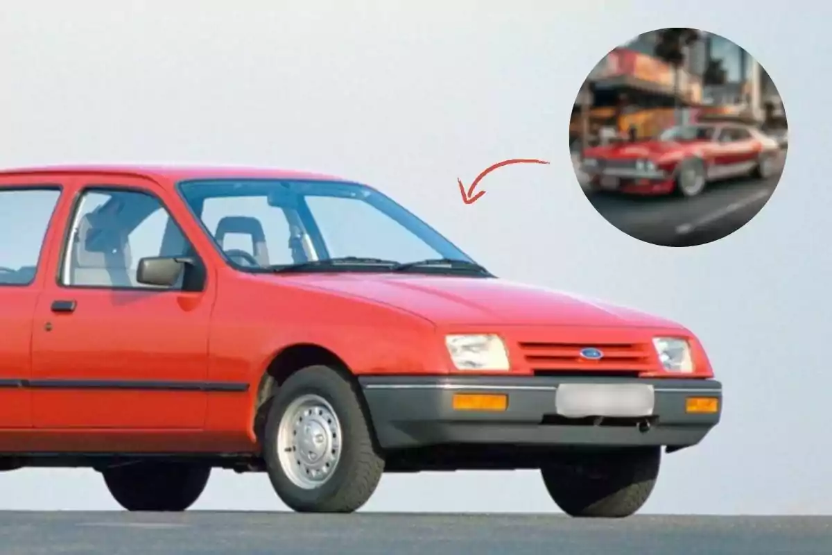 Un coche rojo clásico Ford Sierra estacionado en una superficie plana con un círculo que muestra una versión modificada del mismo coche en una calle urbana.