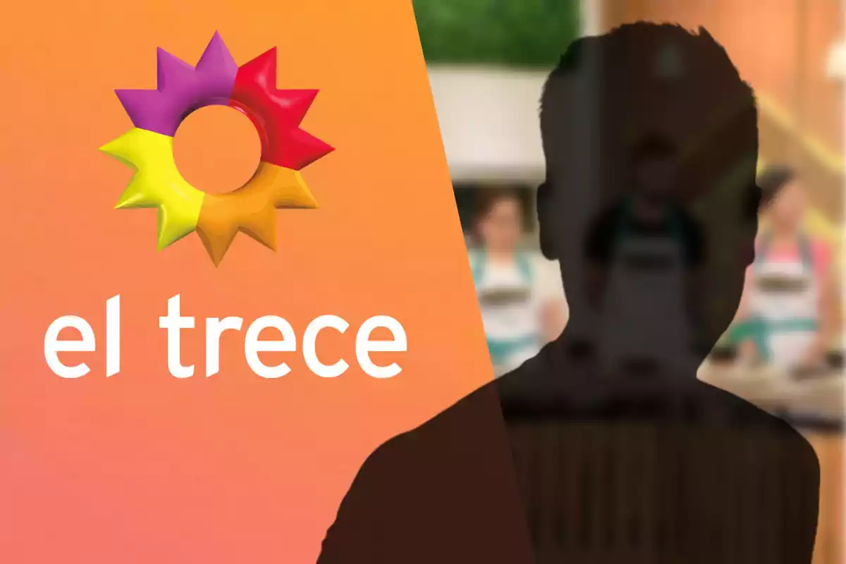 Logotipo de "El Trece" con una silueta oscura de el Chino Leunis con un fondo borroso del programa "El Gran Premio de la Cocina".