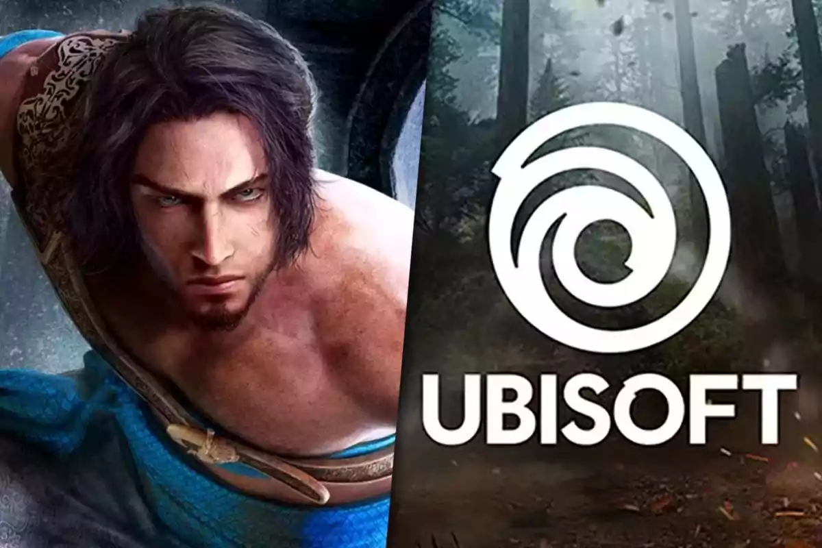 A video game character with a serious expression next to the Ubisoft logo in a forest setting.