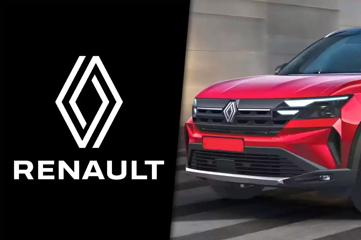 White Renault logo next to the front of a red car of the same brand