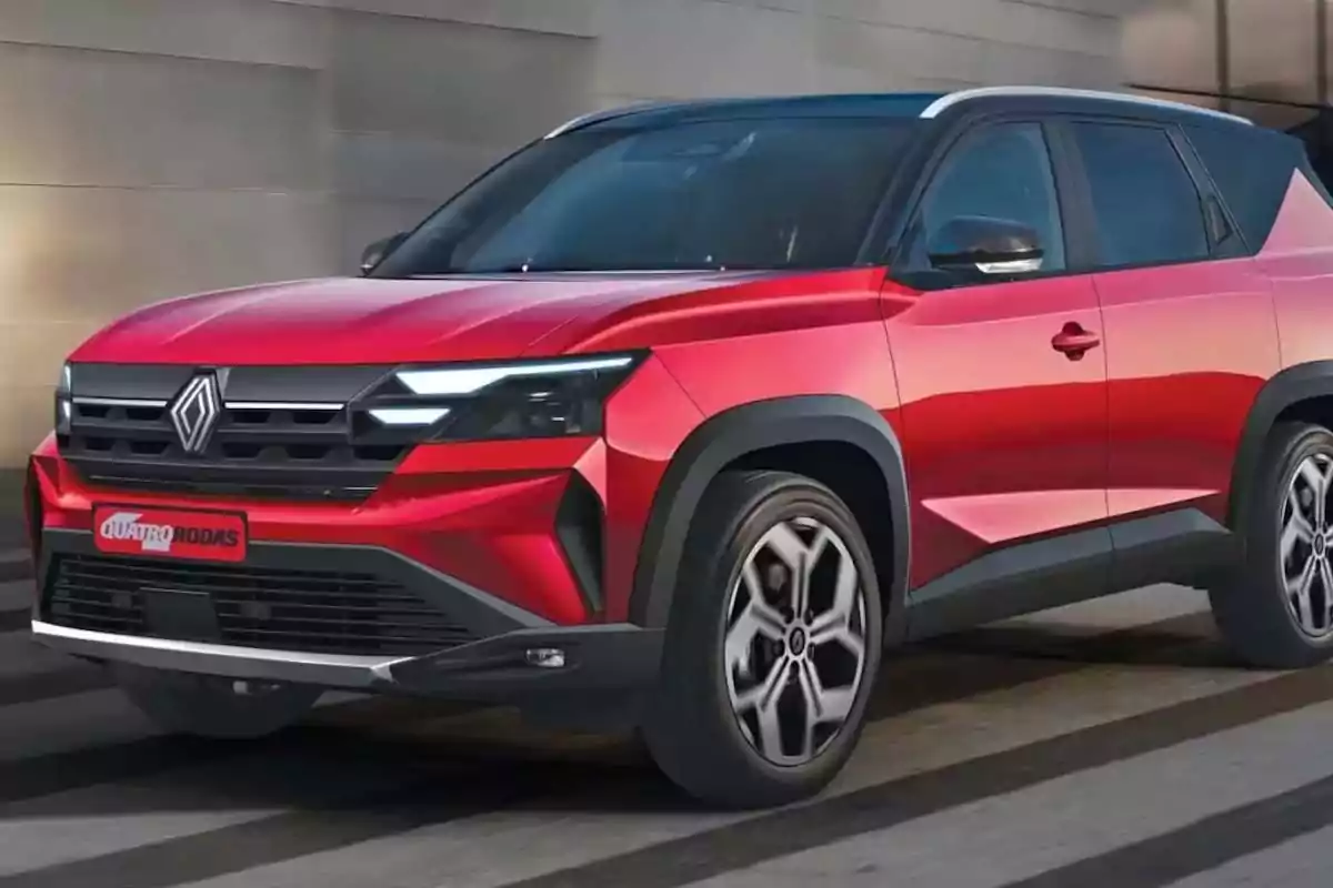 Modern-design red SUV with black accents and sporty wheels driving down an urban street Modern-design red SUV with black accents and sporty wheels driving down an urban street