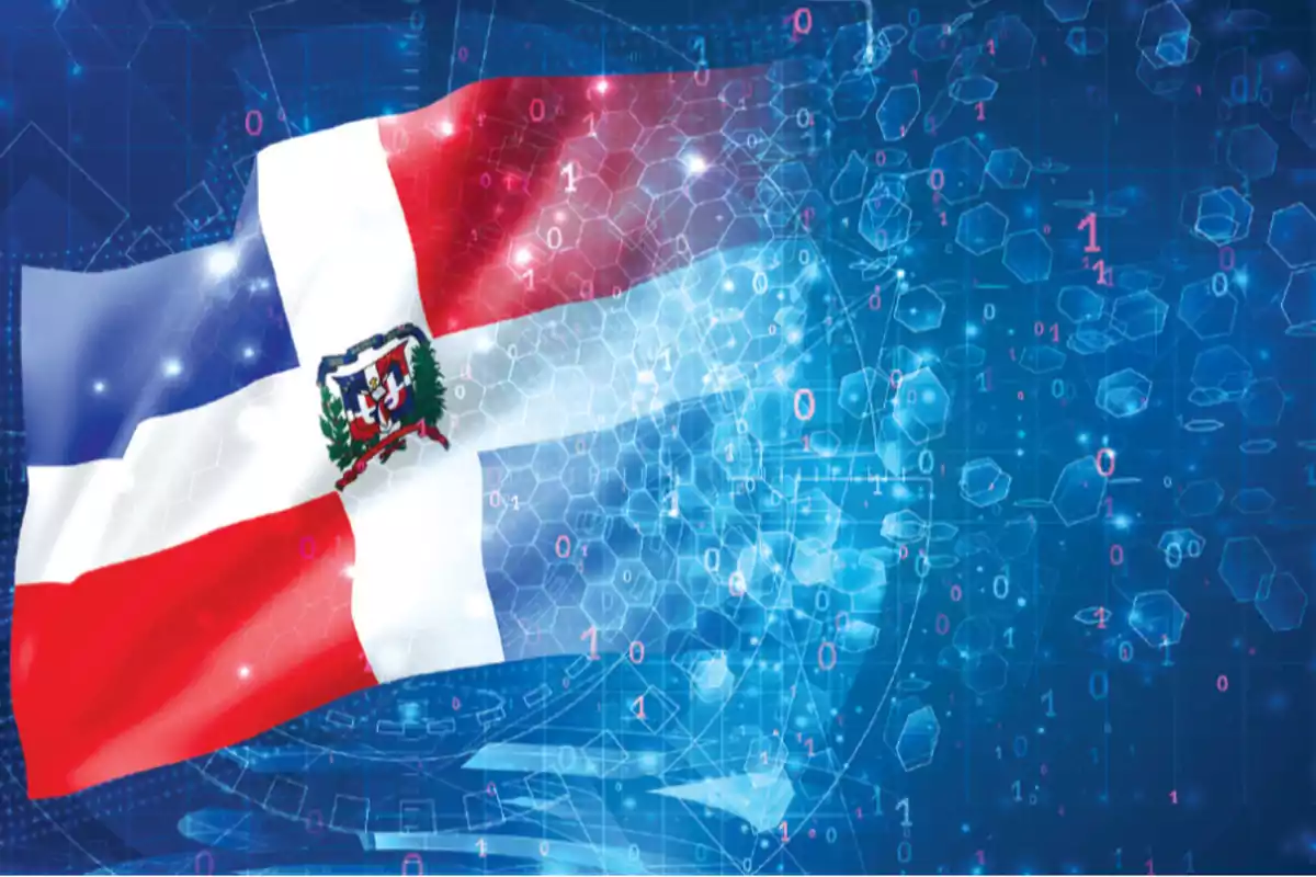 Bandera de República Dominicana ondeando sobre un fondo digital azul con números binarios y figuras hexagonales