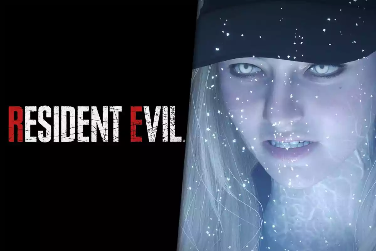 Logo de Resident Evil junto al rostro de una mujer de aspecto sobrenatural con ojos claros y partículas brillantes sobre su cara