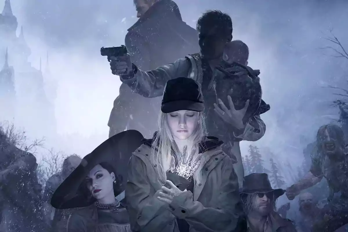 A young woman with blonde hair and a black cap appears in the center with her hand illuminated while several mysterious and menacing figures surround her in a dark, snowy setting. A young woman with blonde hair and a black cap appears in the center with her hand illuminated while several mysterious and menacing figures surround her in a dark, snowy setting.