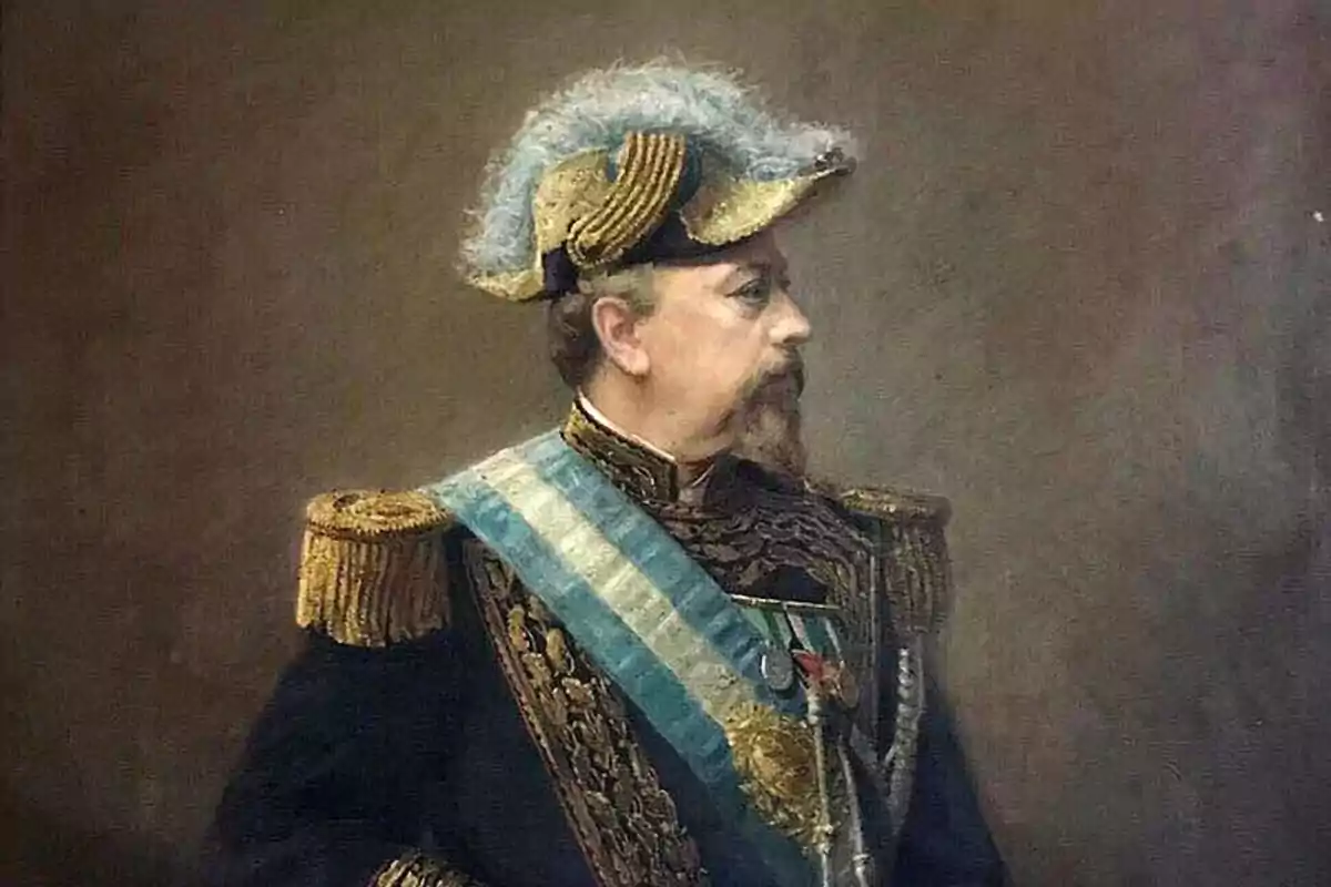 Portrait of a man in a military uniform adorned with medals and a blue and white sash, wearing a feathered hat and looking to the right.