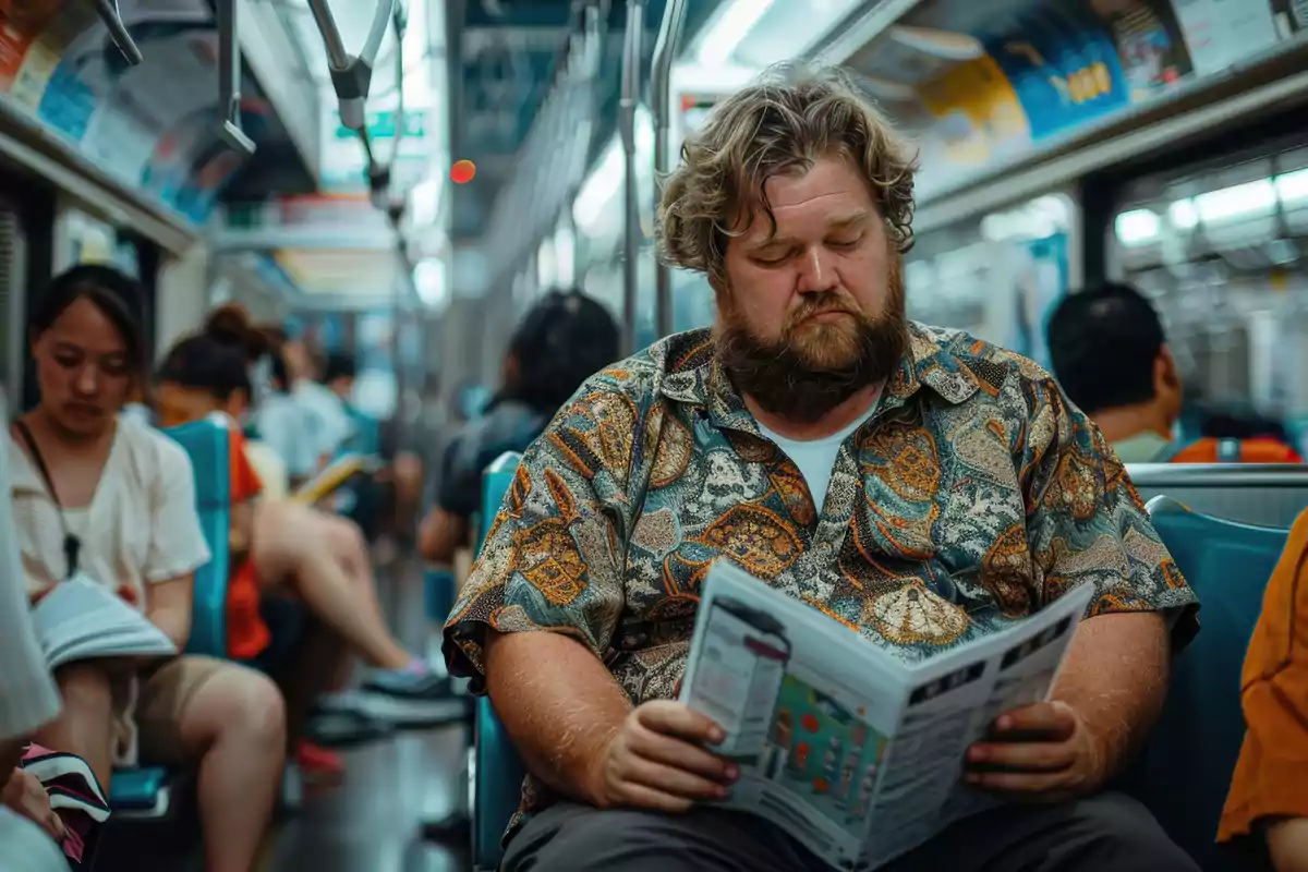 A man in a patterned jersey reads a newspaper while traveling in a subway car surrounded by other passengers. A man in a patterned jersey reads a newspaper while traveling in a subway car surrounded by other passengers.