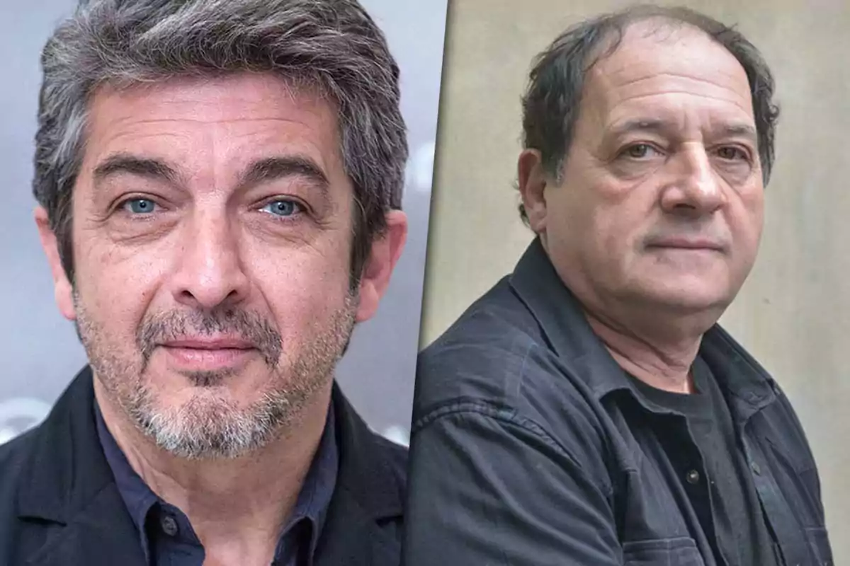 Dos hombres de mediana edad, uno con cabello canoso y barba, el otro con cabello oscuro y expresión seria, ambos con chaquetas oscuras.
