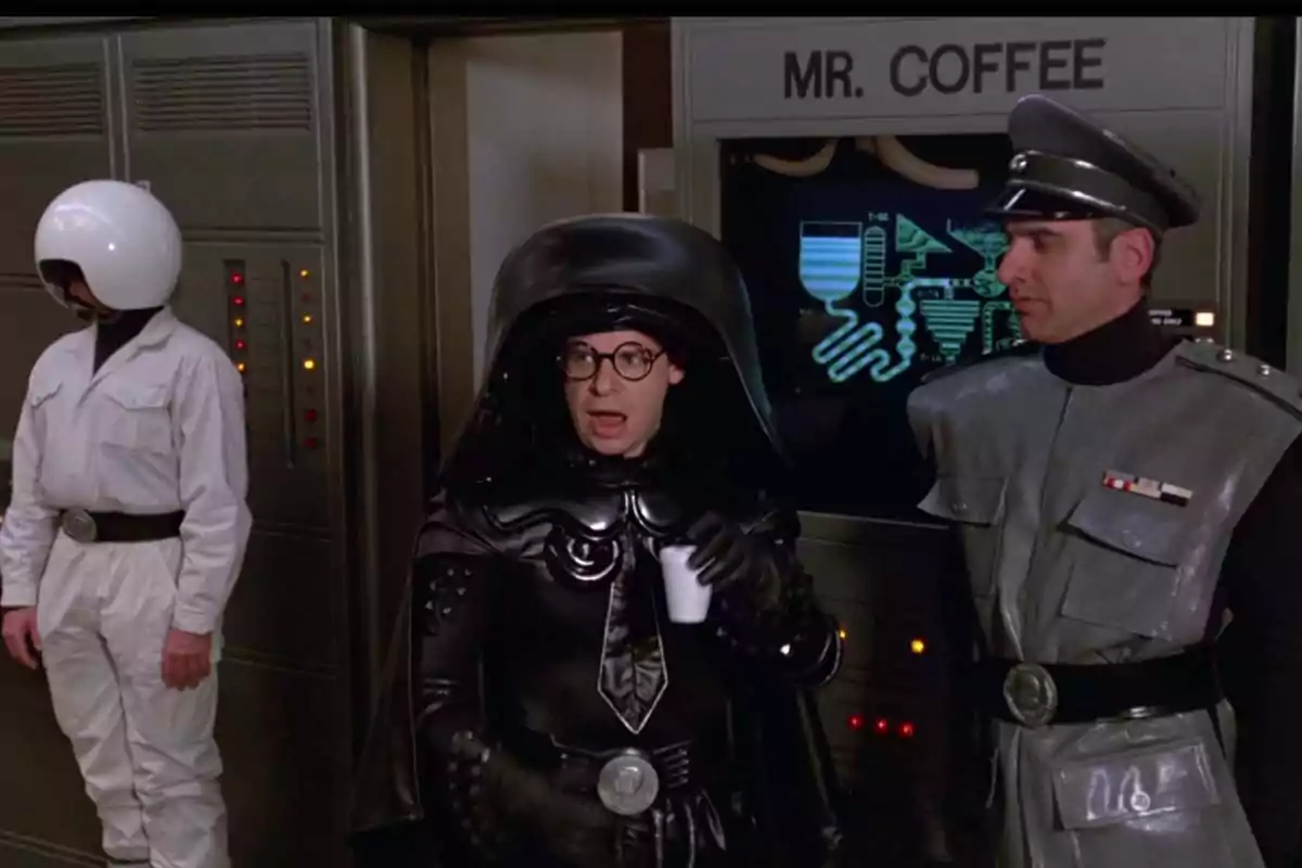 Three characters in spacesuits and a sign that says MR COFFEE in the background Three characters in spacesuits and a sign that says MR COFFEE in the background