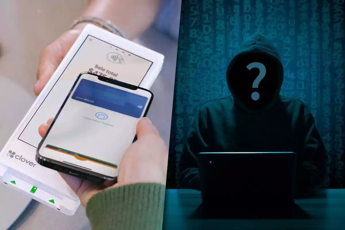 A person makes a payment with a mobile phone while another hooded figure with a question mark on their face is in front of a laptop in a dark environment.