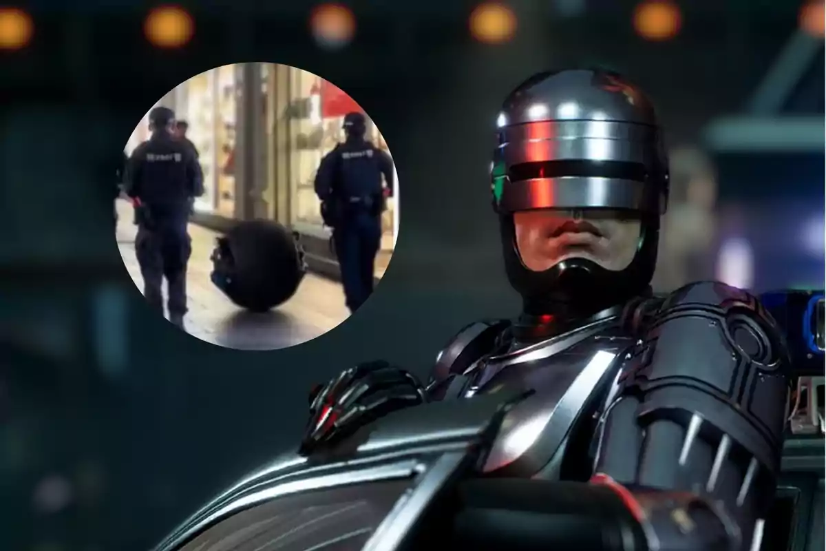 Un robot futurista con armadura metálica de Robocop y una imagen circular insertada que muestra a dos policias chinos junto al robot patrullero esférico RT-G