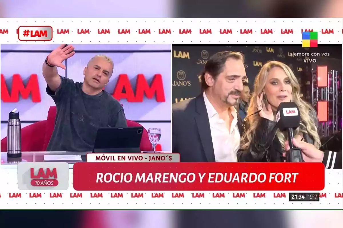Un presentador en un estudio de televisión saluda mientras en otra pantalla se muestra a dos personas siendo entrevistadas en un evento, con el logo de LAM visible en ambas escenas. Un presentador en un estudio de televisión saluda mientras en otra pantalla se muestra a dos personas siendo entrevistadas en un evento, con el logo de LAM visible en ambas escenas.