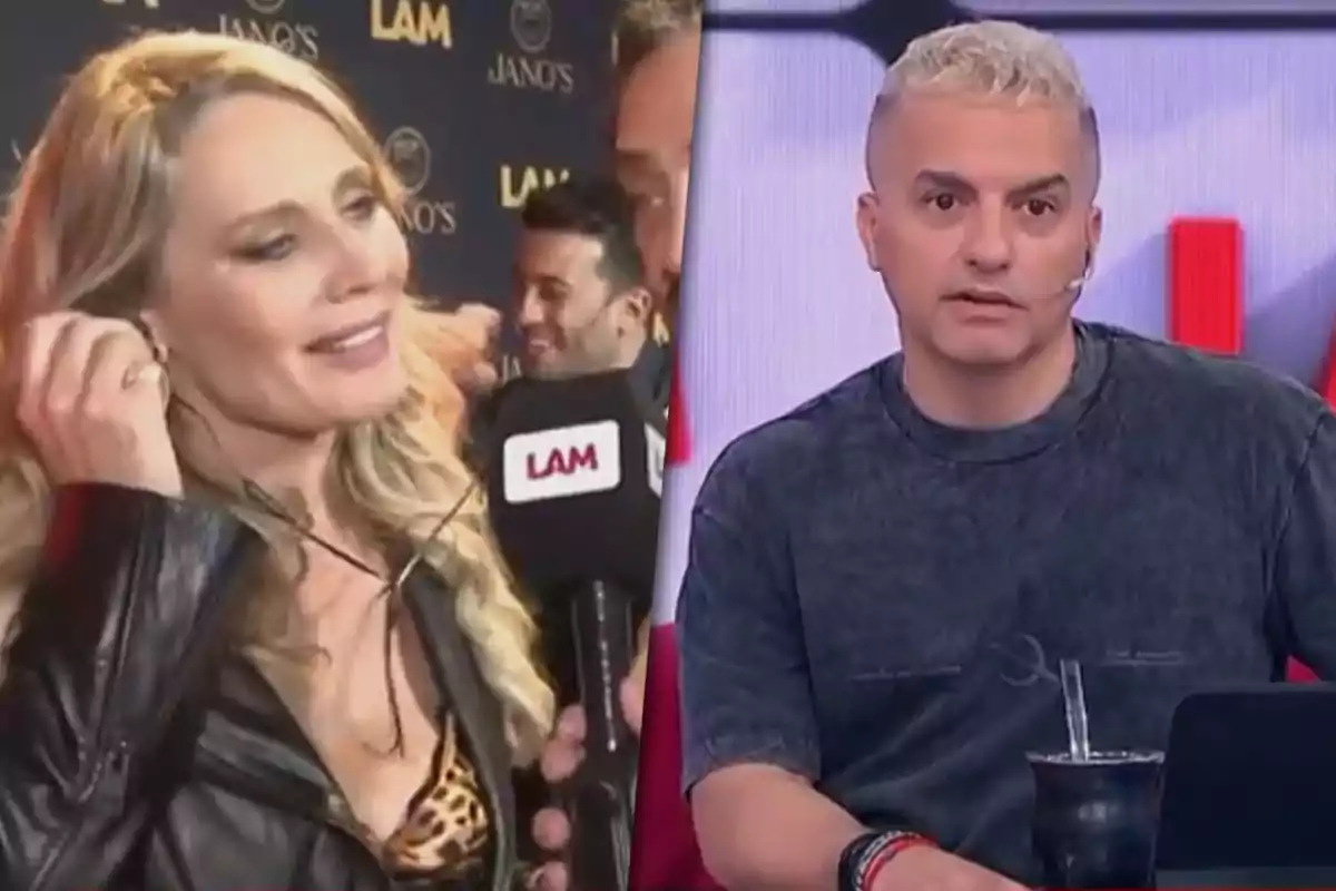 Una mujer rubia sonríe mientras sostiene un micrófono de LAM en un evento, a la derecha un hombre con cabello corto y claro está sentado frente a una pantalla con un mate en la mano.