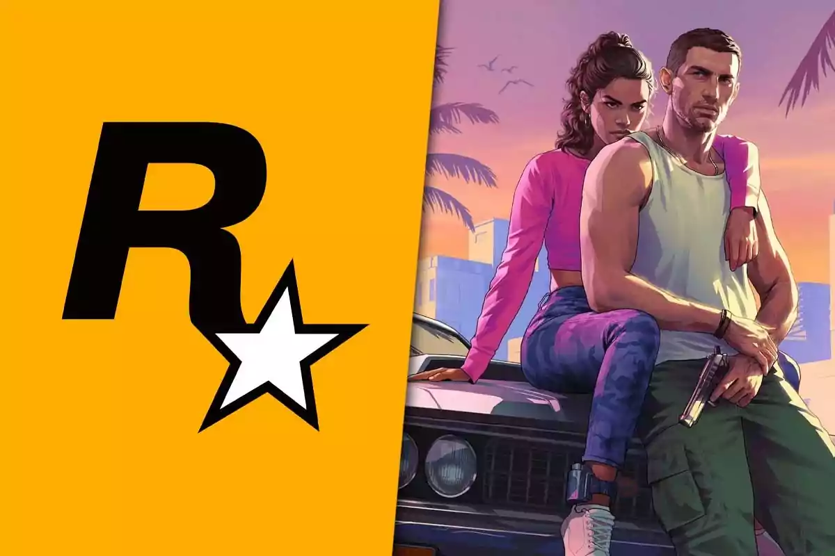 Logo de Rockstar Games a la izquierda y dos personajes sentados en el capó de un coche con un fondo de palmeras y un cielo al atardecer a la derecha.