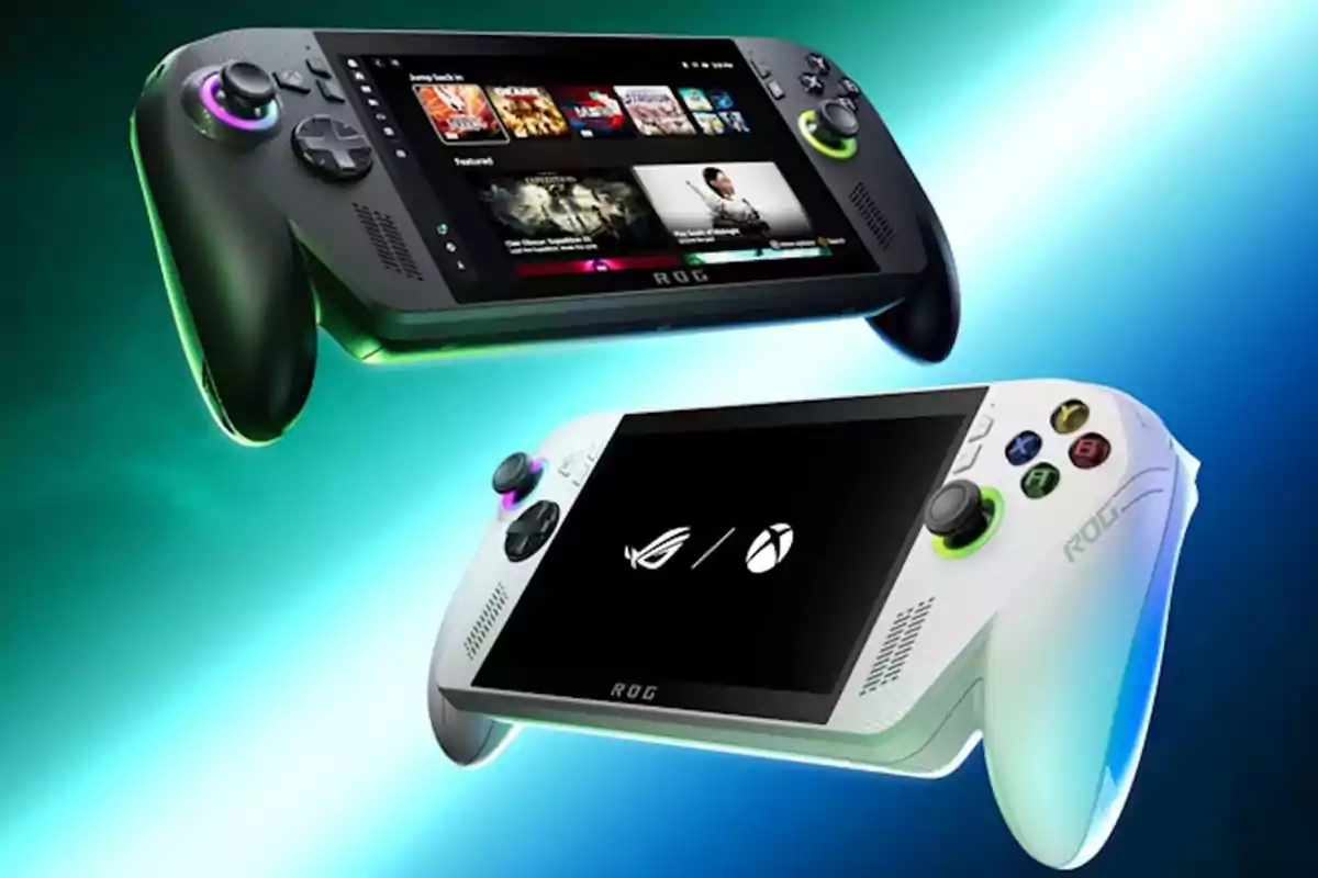 Two ASUS ROG Ally handheld consoles, one in black and one in white, floating over a bright blue background Two ASUS ROG Ally handheld consoles, one in black and one in white, floating over a bright blue background