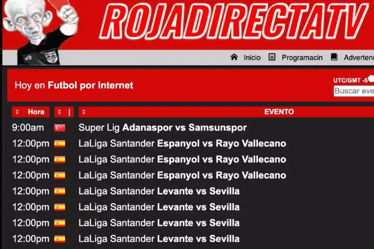 Imagen de la página web RojaDirectaTV mostrando una lista de eventos de fútbol por internet, con partidos de la Super Lig y LaLiga Santander programados a diferentes horas, destacando encuentros como Adanaspor vs Samsunspor y Espanyol vs Rayo Vallecano.