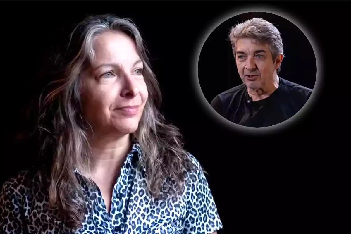 Alejandra Darín mira hacia la izquierda mientras Ricardo Darín aparece en un círculo en la esquina superior derecha sobre un fondo negro.