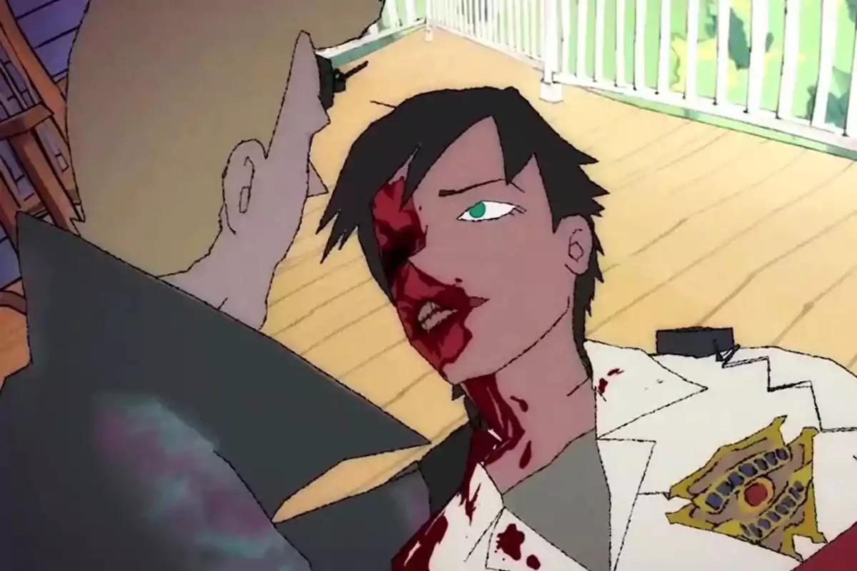 Two animated characters in an intense scene, one of them wearing a police uniform with blood on his face and clothes, while the other holds him closely in a wooden setting with a white railing in the background. Two animated characters in an intense scene, one of them wearing a police uniform with blood on his face and clothes, while the other holds him closely in a wooden setting with a white railing in the background.