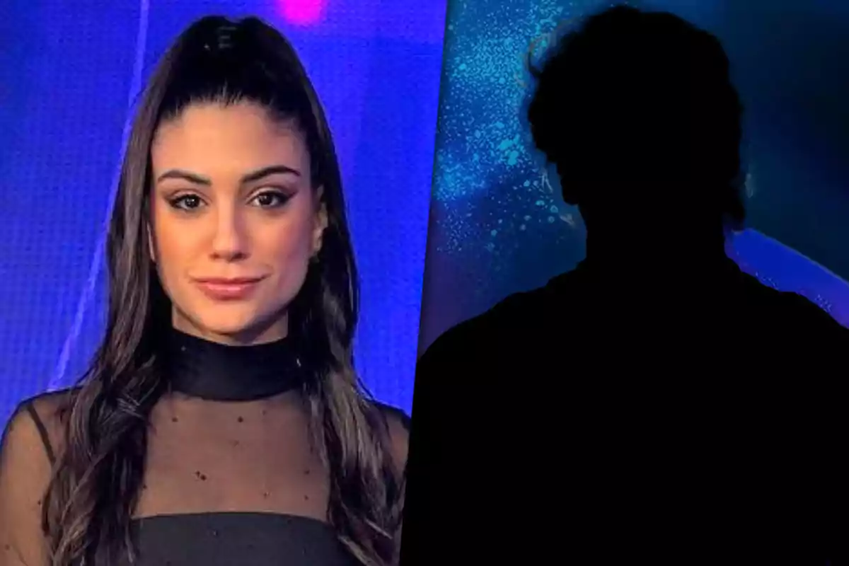 Una mujer con cabello largo y oscuro a la izquierda (Rosina Beltrán) y una silueta oscura a la derecha sobre un fondo azul (Renato Rossini de Gran Hermano).