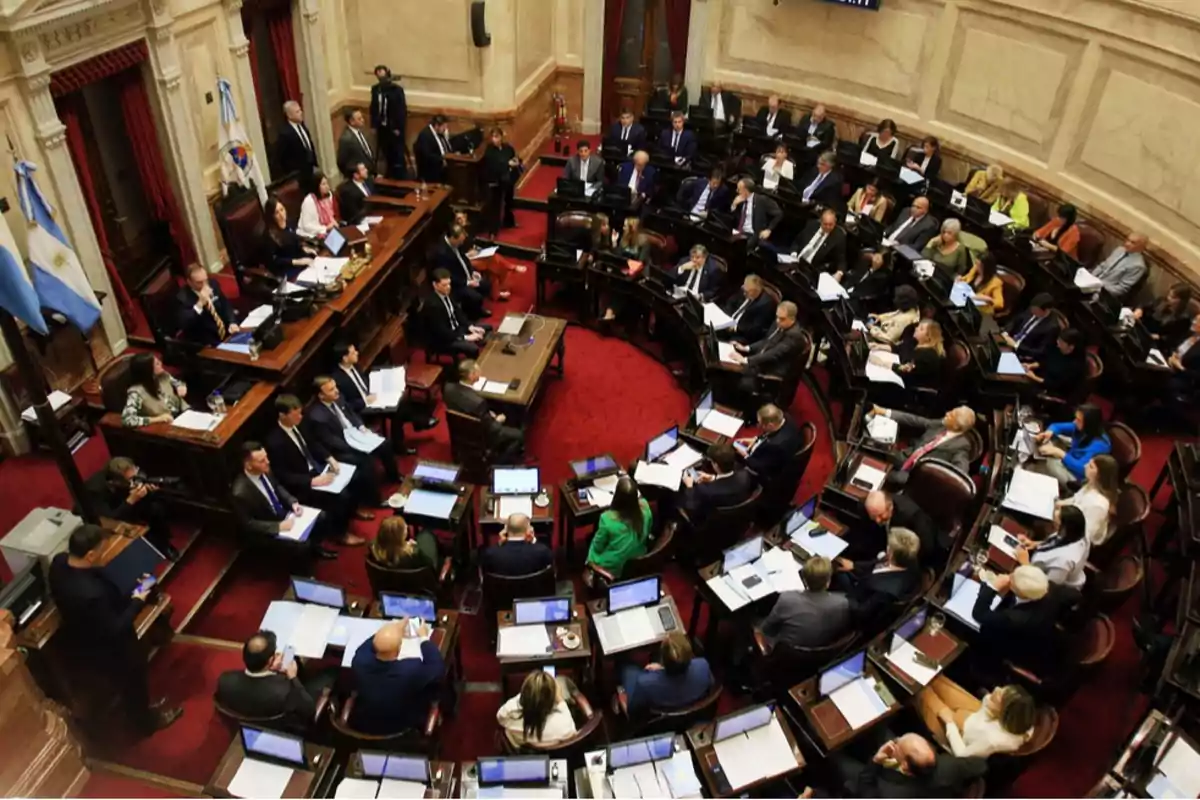 Aerial view of a parliamentary session with numerous legislators seated at their desks inside a chamber with red carpeting and Argentine flags. Aerial view of a parliamentary session with numerous legislators seated at their desks inside a chamber with red carpeting and Argentine flags.