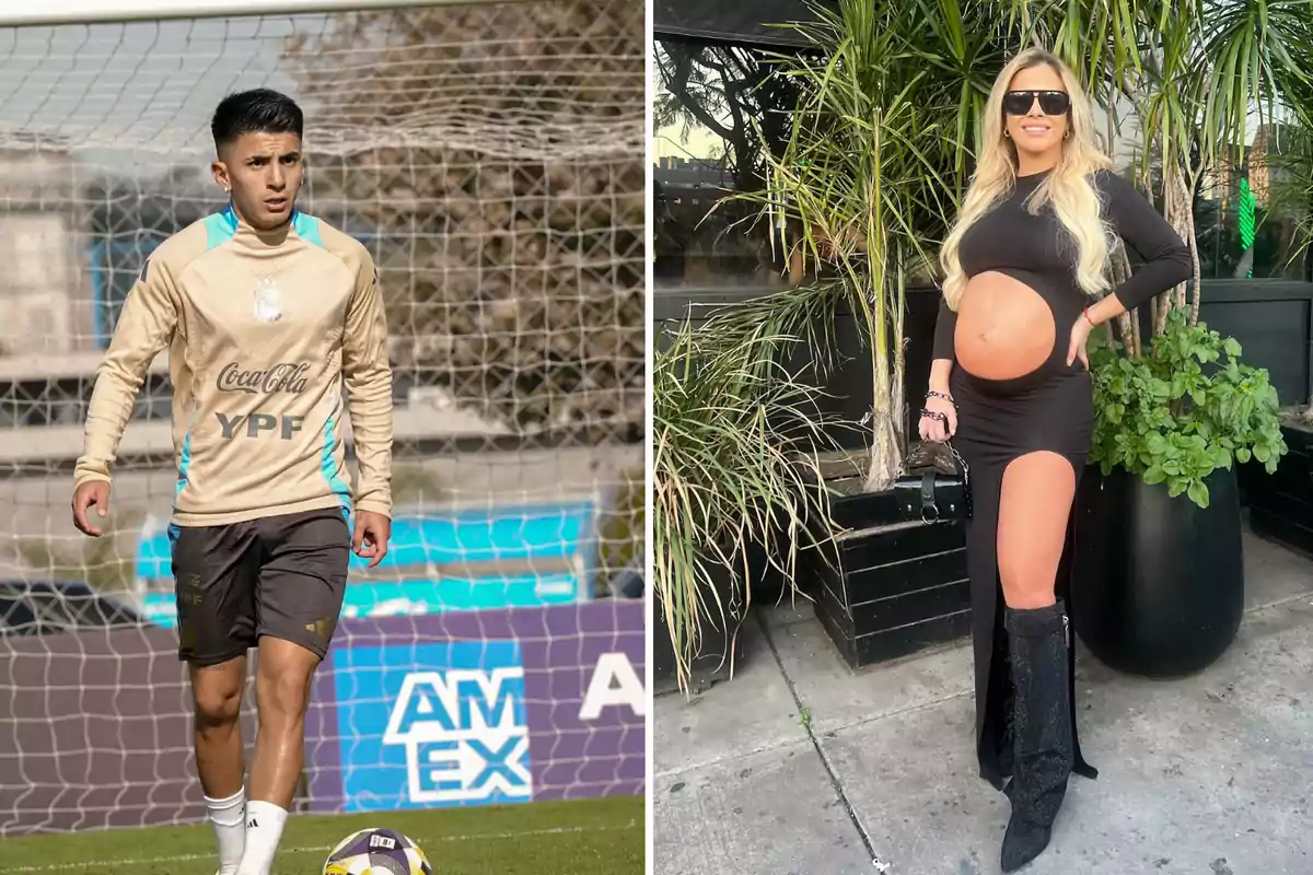 Un joven futbolista con uniforme de entrenamiento está en una cancha y una mujer embarazada con vestido negro y botas posa al aire libre junto a plantas
