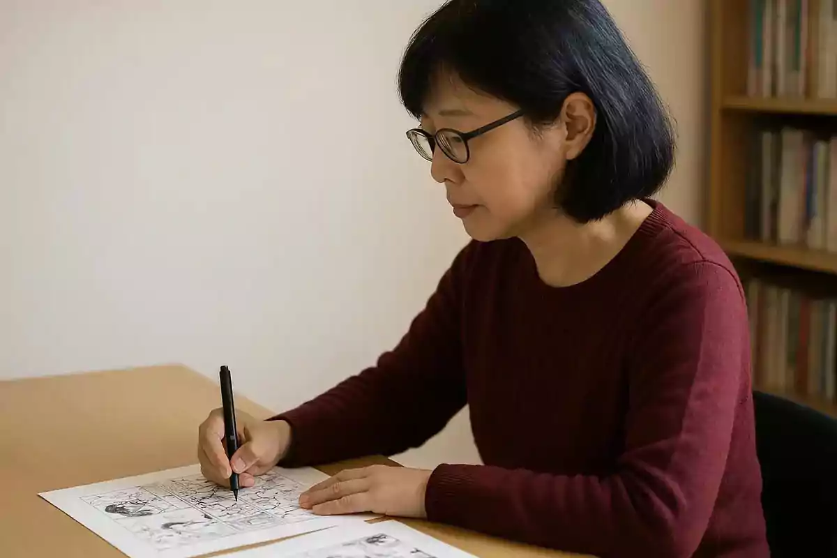 Woman with glasses and a red sweater drawing on a sheet of paper on a wooden table Woman with glasses and a red sweater drawing on a sheet of paper on a wooden table