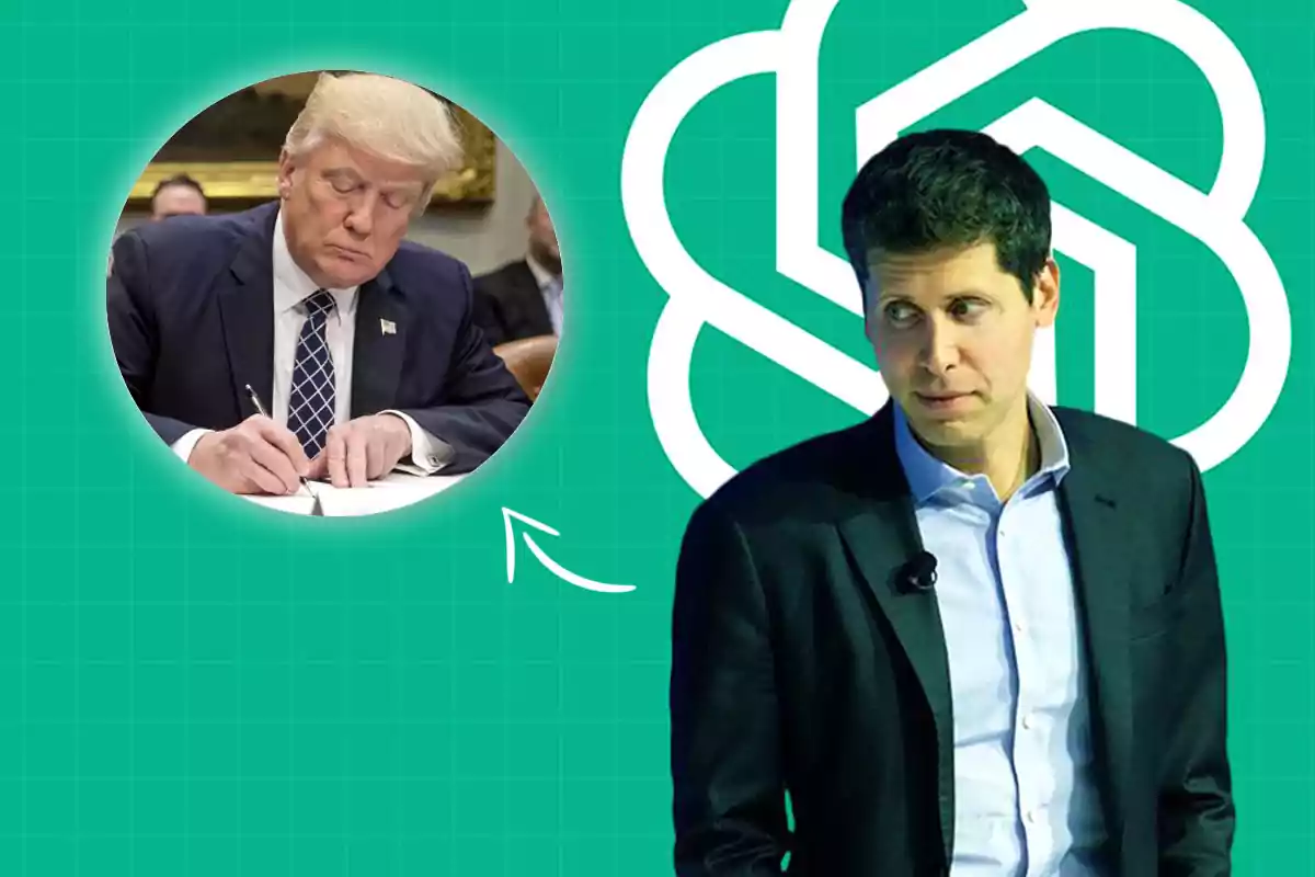 Sam Altman, CEO de Open AI con traje oscuro está de pie frente a un fondo verde con un logotipo blanco de ChatGPT, mientras que en un círculo a la izquierda se muestra a Donald Trump, presidente de los Estados Unidos, escribiendo en un papel.