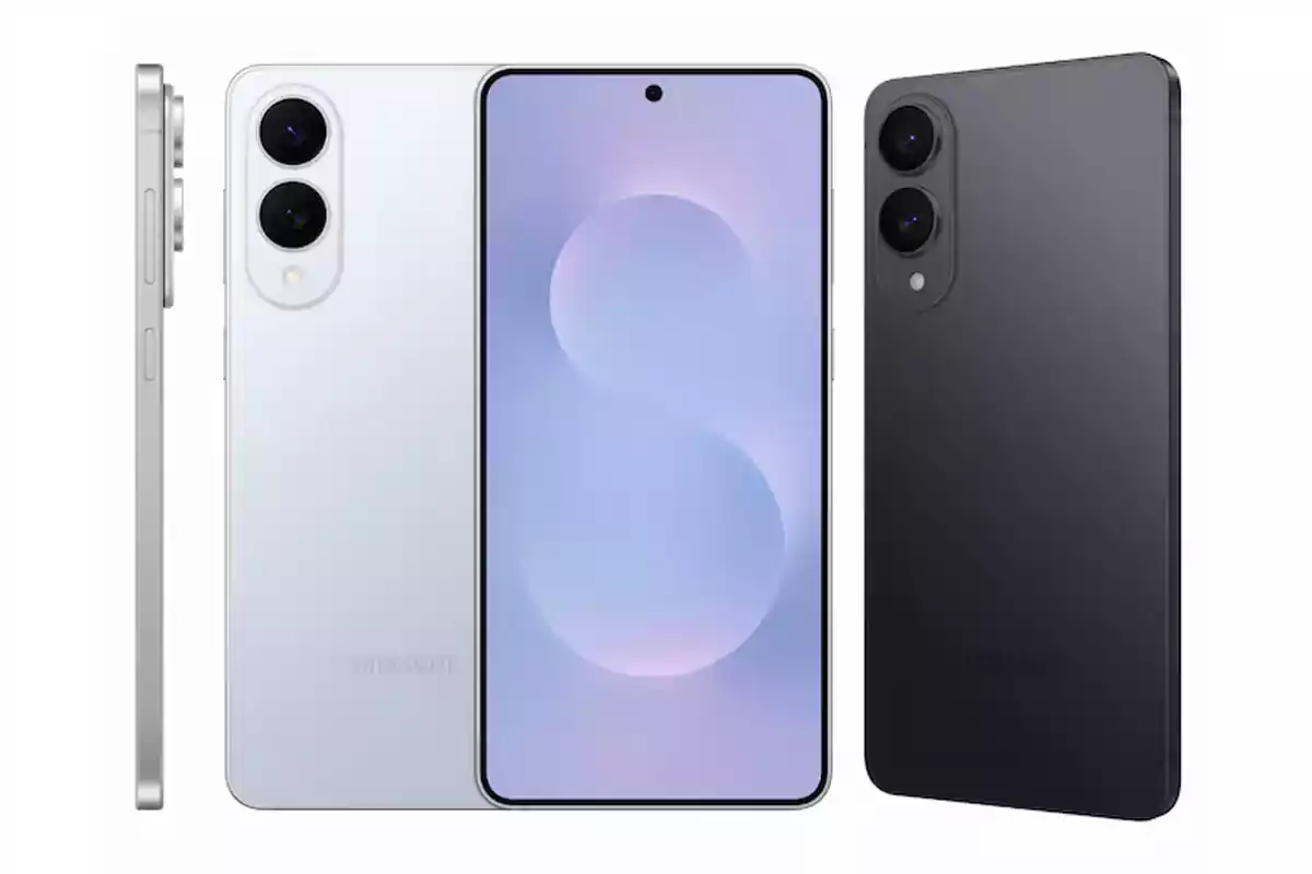 Image of a smartphone in three views: side, front, and back, showcasing its sleek and modern design with dual cameras. Image of a smartphone in three views: side, front, and back, showcasing its sleek and modern design with dual cameras.
