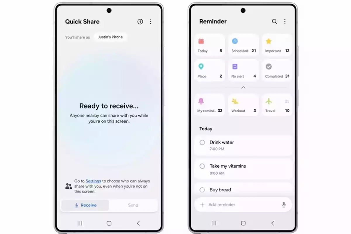 Two Samsung phones displaying the Quick Share and Reminder apps on their screens, the first ready to receive files and the second with reminders organized by categories and daily tasks. Two Samsung phones displaying the Quick Share and Reminder apps on their screens, the first ready to receive files and the second with reminders organized by categories and daily tasks.