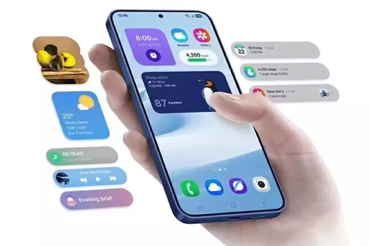 Person holding a smartphone with colorful widgets floating around the screen displaying weather, steps, music, events, and photos. Person holding a smartphone with colorful widgets floating around the screen displaying weather, steps, music, events, and photos.