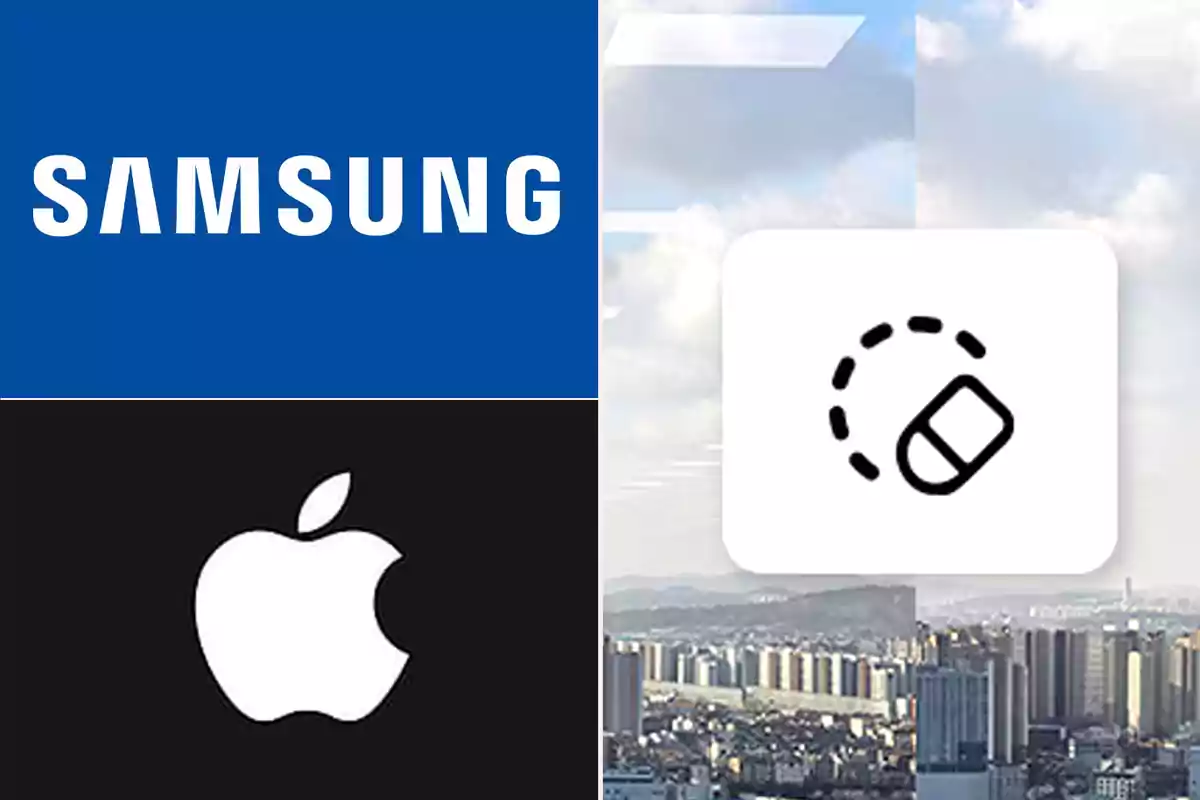 Logos de Samsung y Apple junto a un icono de borrador sobre un fondo de ciudad.