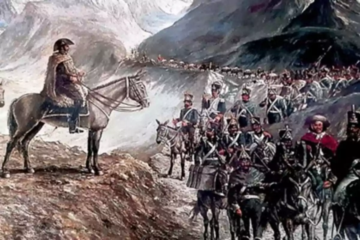 Un ejército cruza una cordillera montañosa, liderado por un general a caballo.