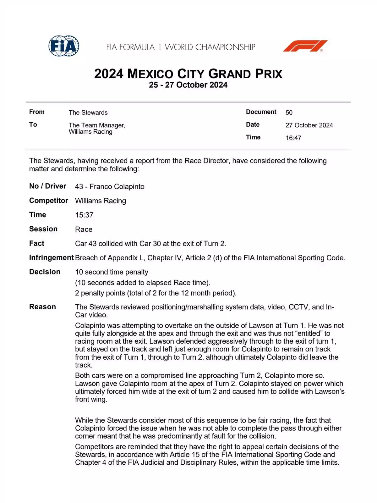 Informe de los comisarios de la FIA sobre el Gran Premio de la Ciudad de México 2024, detallando una penalización de 10 segundos y 2 puntos de penalización para el piloto Franco Colapinto del equipo Williams Racing por colisión con el auto 30 en la salida de la curva 2, citando una infracción del Código Deportivo Internacional de la FIA.