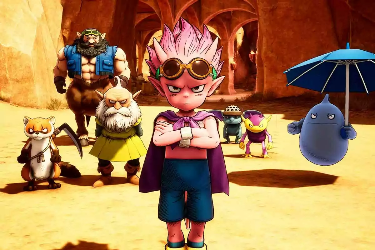 A group of animated-style characters is in a desert environment, featuring a central character with pink hair and glasses, surrounded by diverse figures, including an animal with a sickle and a blue creature with an umbrella. A group of animated-style characters is in a desert environment, featuring a central character with pink hair and glasses, surrounded by diverse figures, including an animal with a sickle and a blue creature with an umbrella.