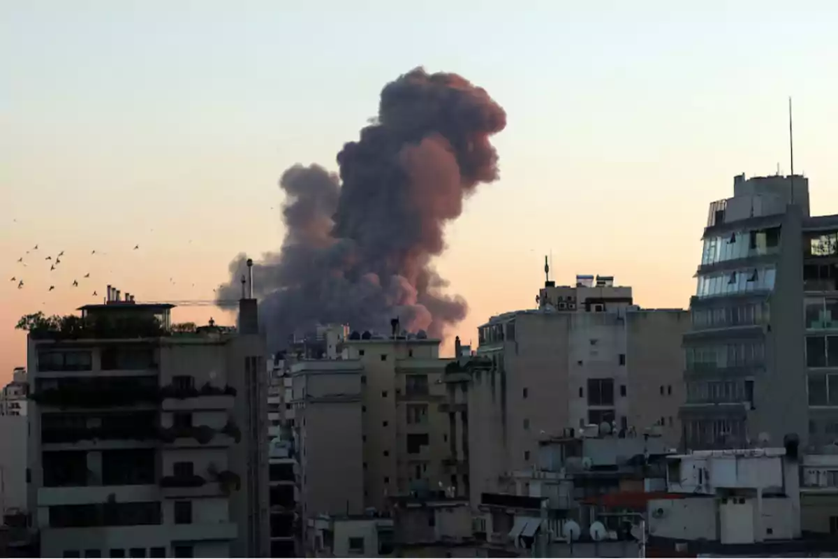 Una columna de humo denso se eleva sobre una ciudad al atardecer, con edificios en primer plano y aves volando en el cielo.